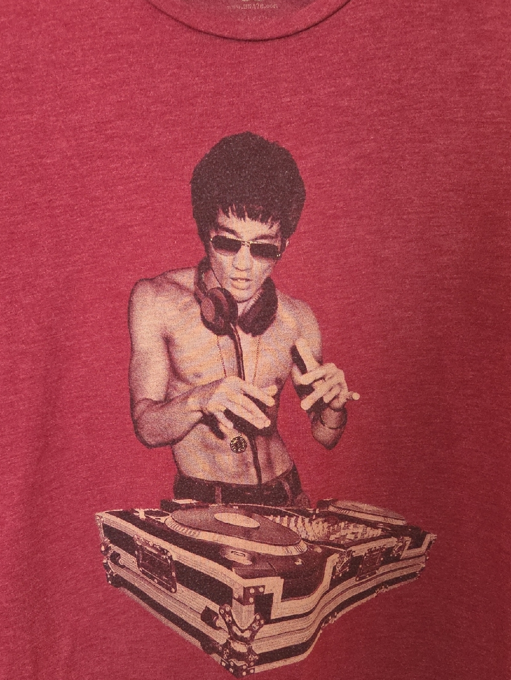 Red Graphic Tee with Bruce Lee DJ Print